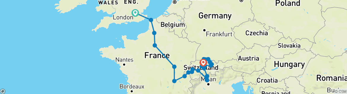 Carte du circuit De Londres à Zurich (24 destinations)