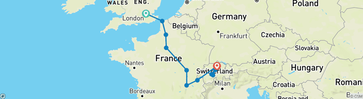 Carte du circuit Londres, Paris et Zurich (12 destinations)