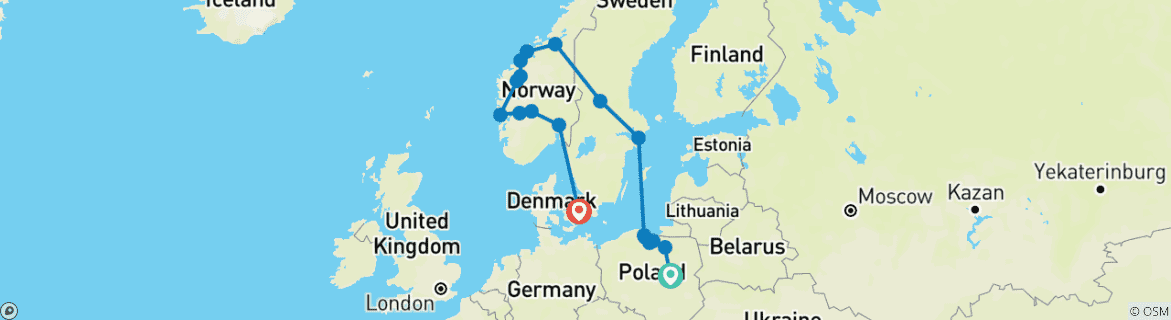 Image of a map showing the route of the tour