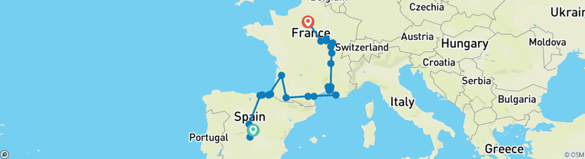 Image of a map showing the route of the tour