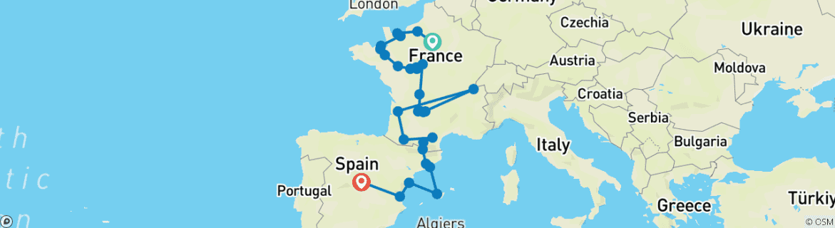 Image of a map showing the route of the tour