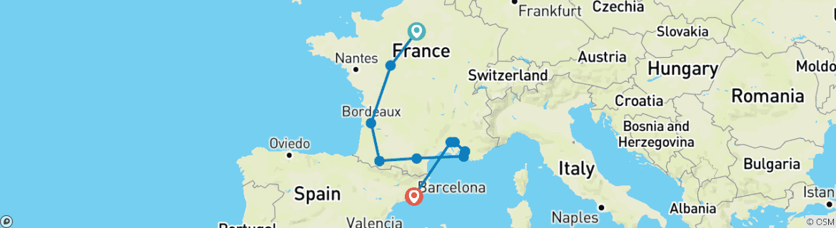 Image of a map showing the route of the tour