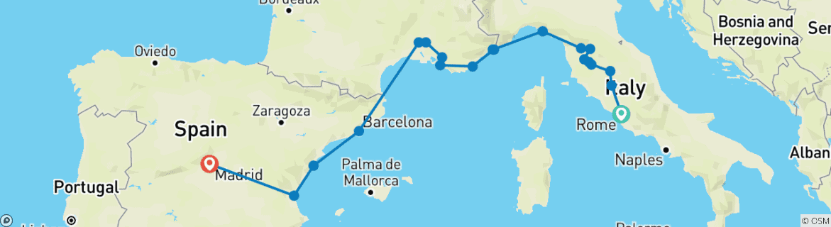 Kaart van Rome, Toscane, de Côte d Azur, de Provence & Spanje (20 bestemmingen)