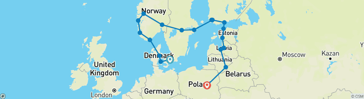Image of a map showing the route of the tour