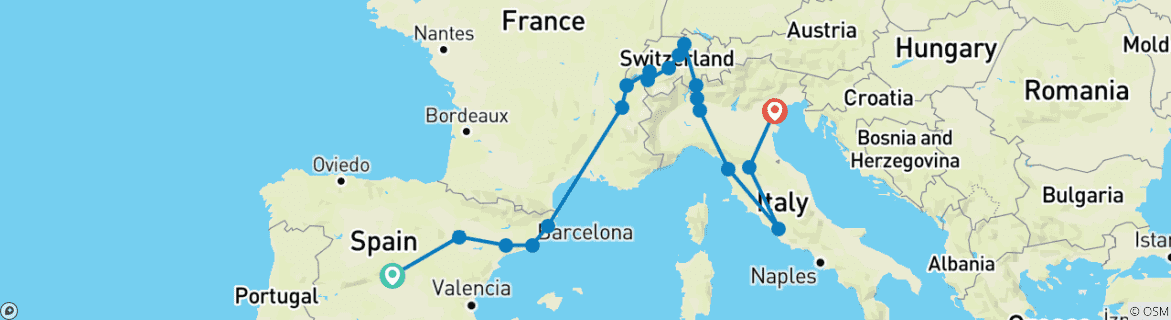 Image of a map showing the route of the tour