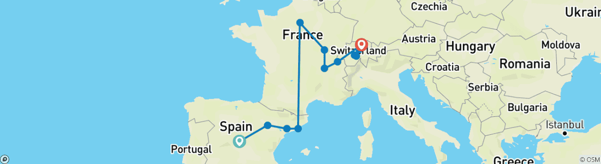 Carte du circuit Espagne, France et Suisse (13 destinations)