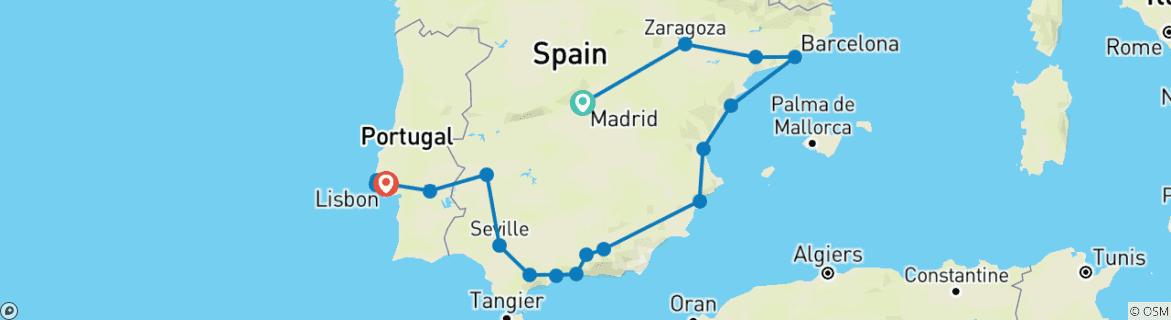 Karte von Spanischer Ring mit Lissabon (ohne Alhambra) (20 Destinationen)