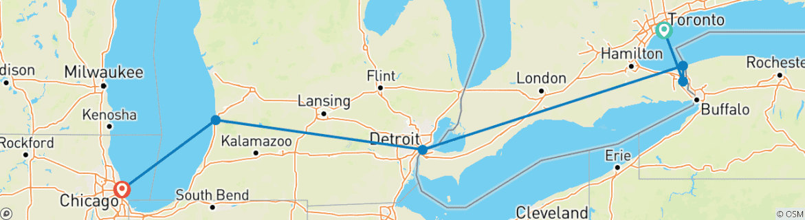 Image of a map showing the route of the tour