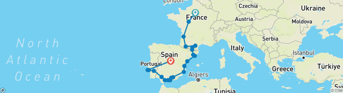 Image of a map showing the route of the tour
