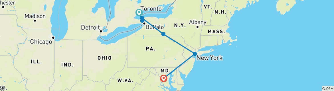 Image of a map showing the route of the tour