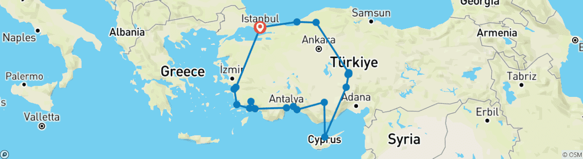 Image of a map showing the route of the tour