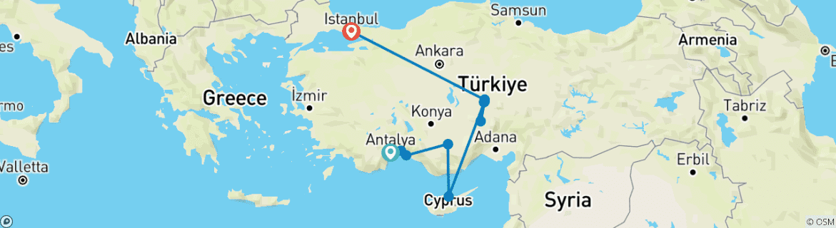 Image of a map showing the route of the tour