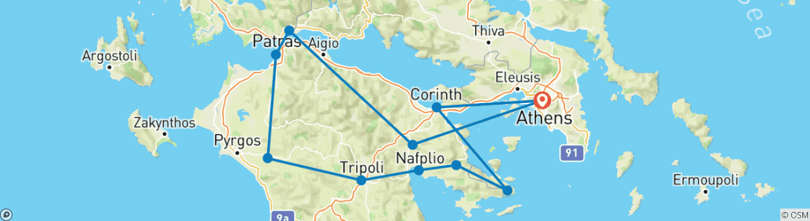 Carte du circuit Péloponnèse et îles Saroniques (11 destinations)