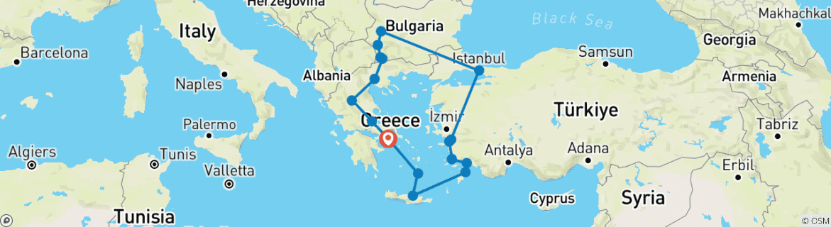 Image of a map showing the route of the tour