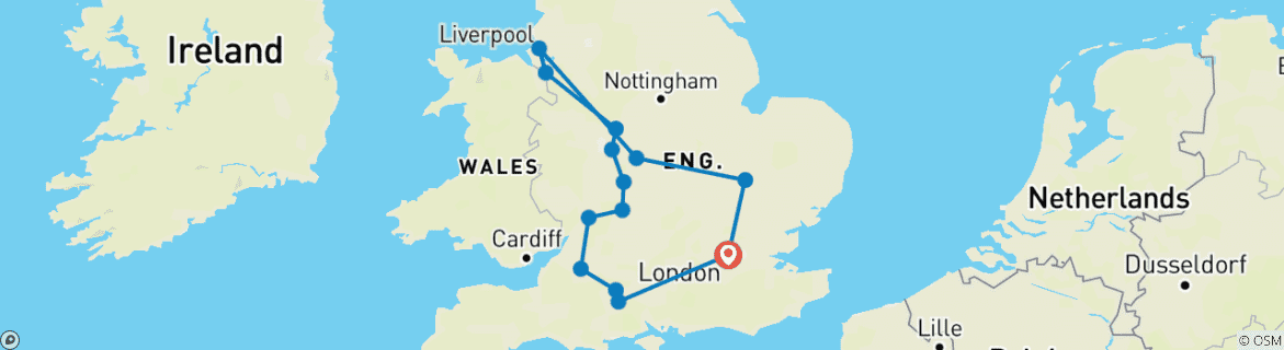 Carte du circuit Tour du sud de l'Angleterre avec Londres