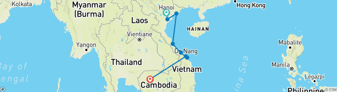 Kaart van Majestueus Vietnam - Van noord naar centraal met Siem Reap