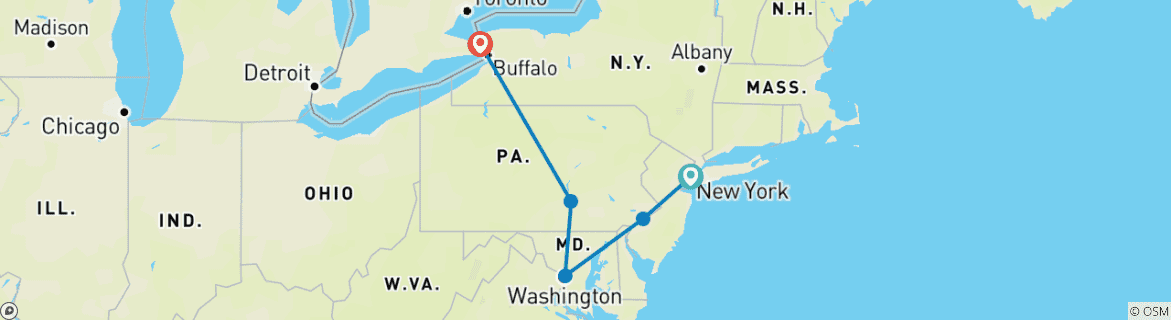 Carte du circuit Découvrez la côte est de l'Amérique : De New York à Niagara
