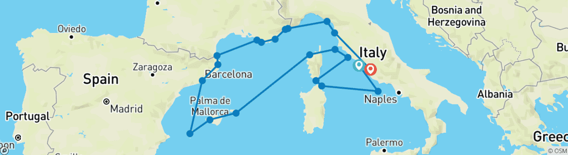 Image of a map showing the route of the tour