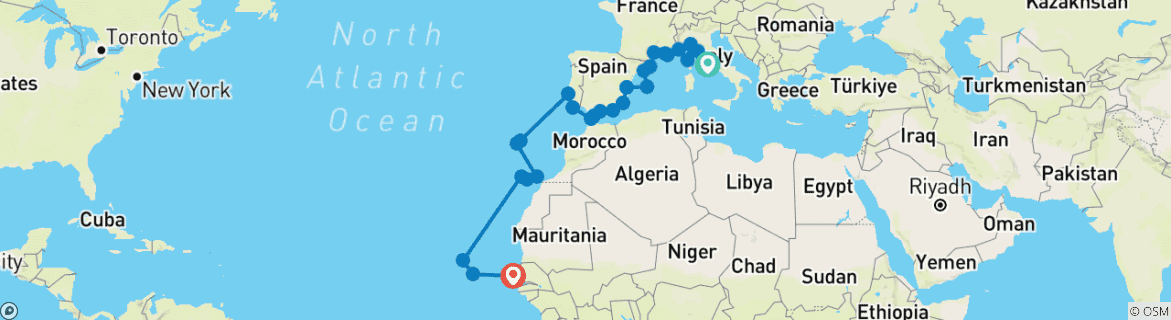 Image of a map showing the route of the tour