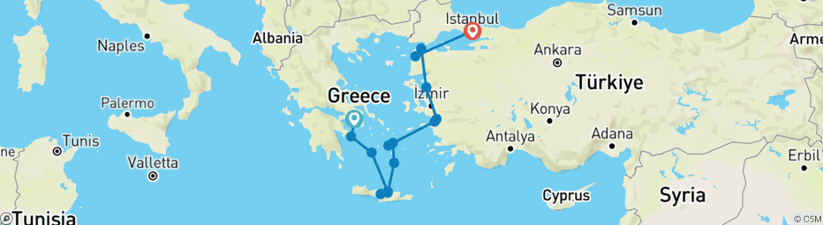 Image of a map showing the route of the tour