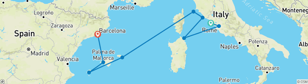 Image of a map showing the route of the tour