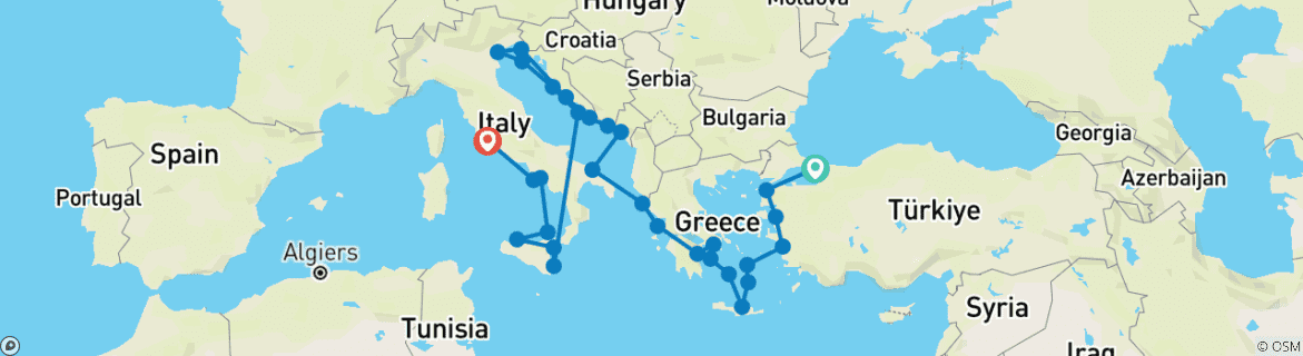 Image of a map showing the route of the tour