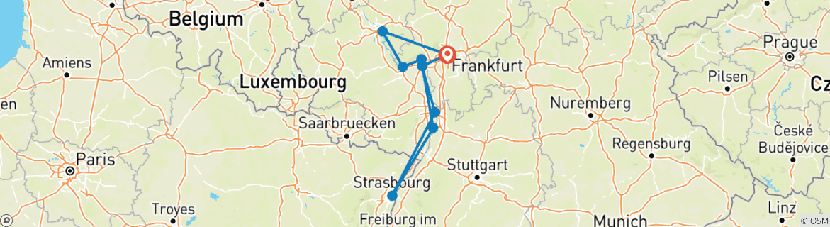 Image of a map showing the route of the tour