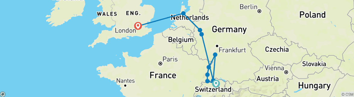Image of a map showing the route of the tour