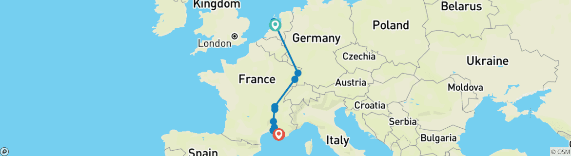 Image of a map showing the route of the tour