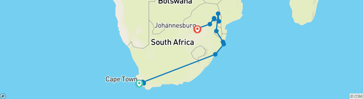 Image of a map showing the route of the tour