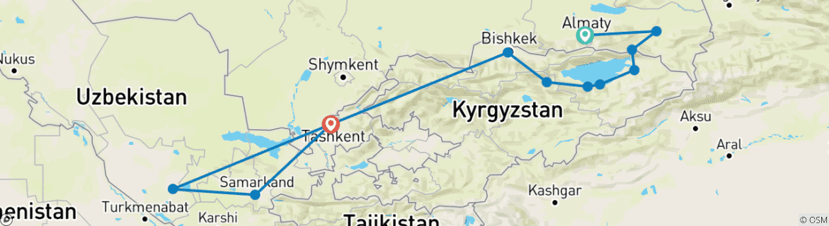 Carte du circuit À travers les steppes et la route de la soie, circuit de 13 jours de 3Stans