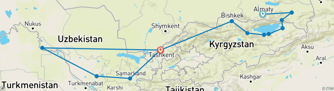 Carte du circuit À travers les steppes et la route de la soie, circuit de 14 jours de 3Stans