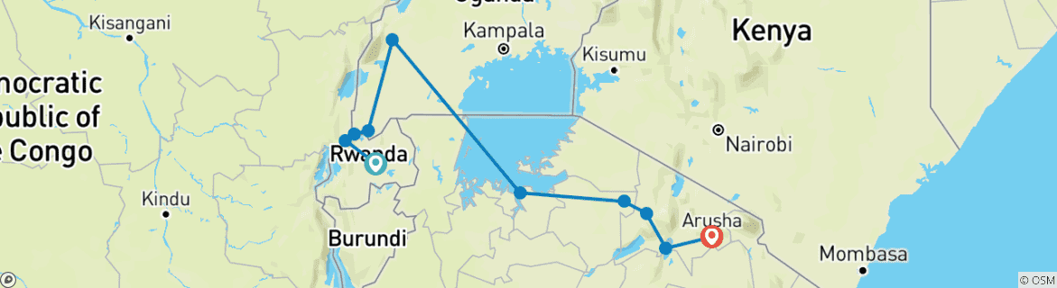Image of a map showing the route of the tour