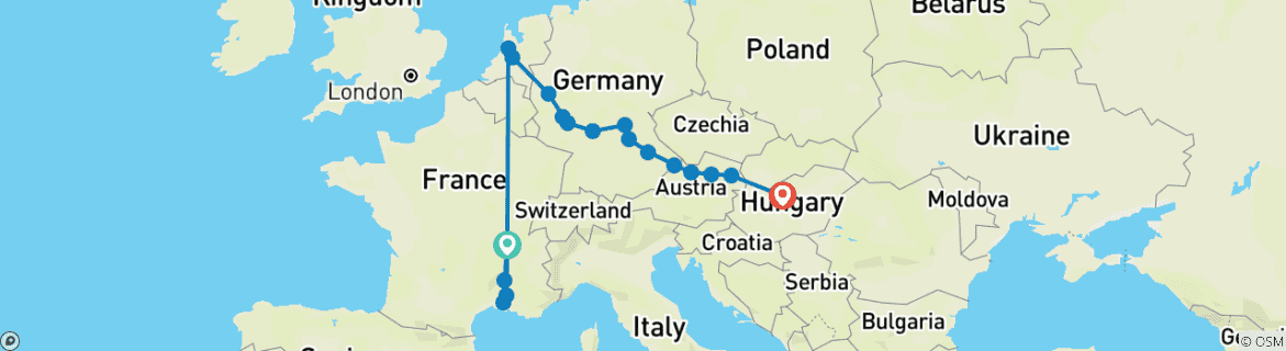 Image of a map showing the route of the tour