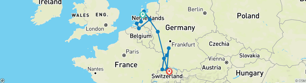 Image of a map showing the route of the tour