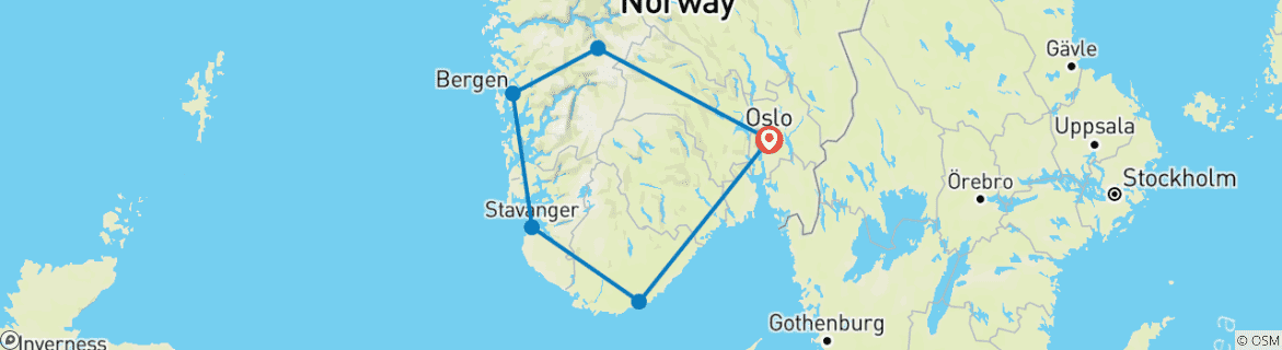 Image of a map showing the route of the tour