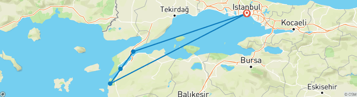 Image of a map showing the route of the tour