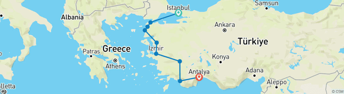 Image of a map showing the route of the tour