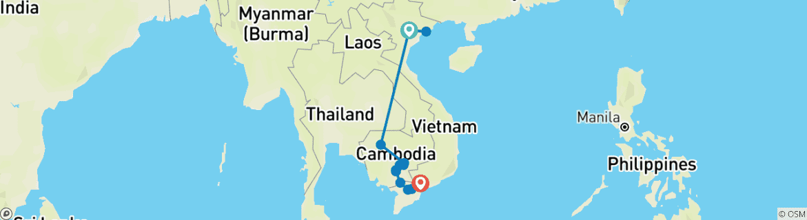 Image of a map showing the route of the tour