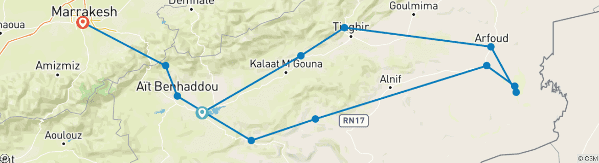 Image of a map showing the route of the tour