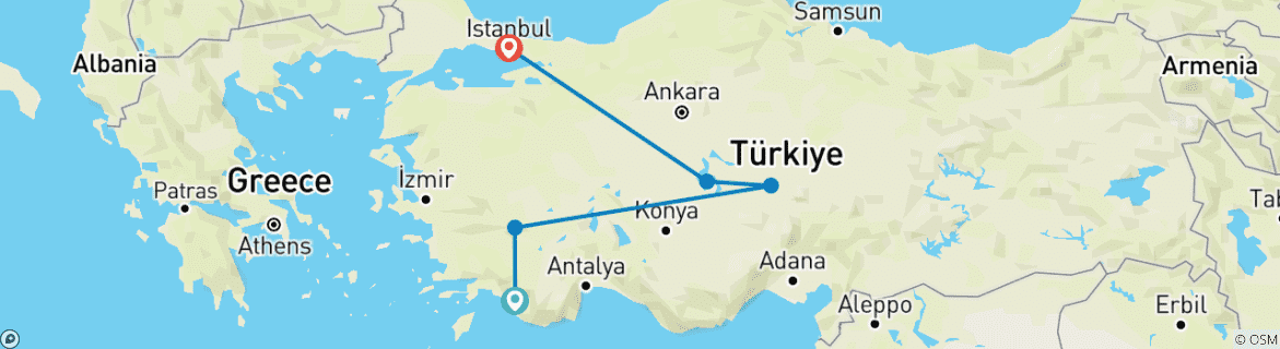 Image of a map showing the route of the tour
