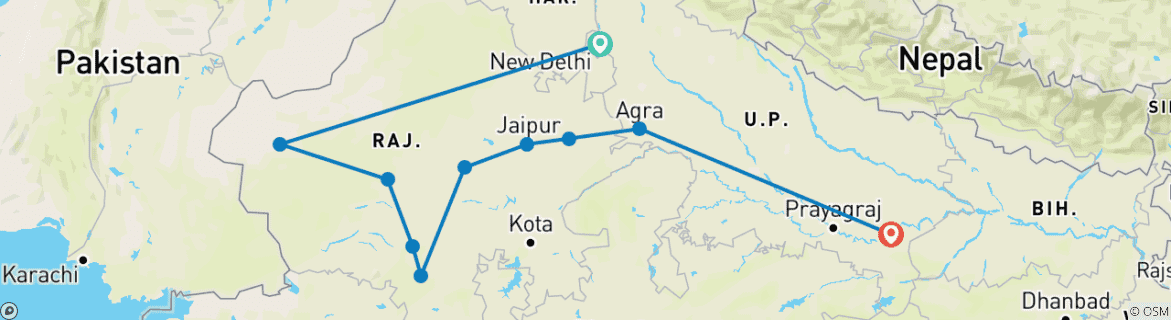 Image of a map showing the route of the tour