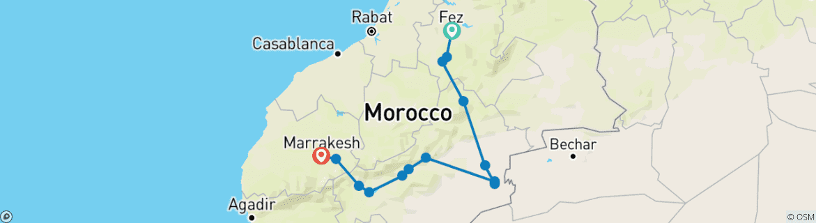Image of a map showing the route of the tour
