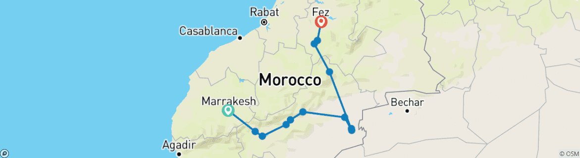 Image of a map showing the route of the tour