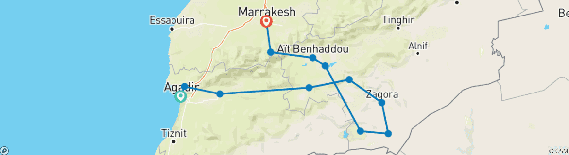 Image of a map showing the route of the tour