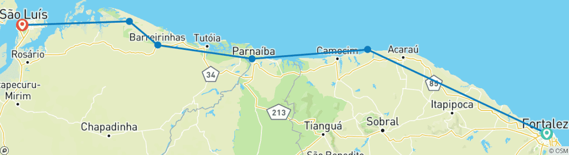 Kaart van De route van de emoties (van Fortaleza naar São Luis)
