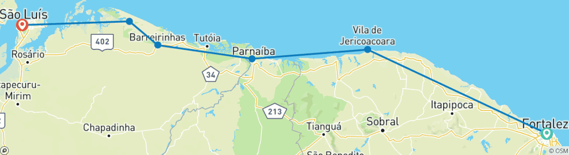 Image of a map showing the route of the tour