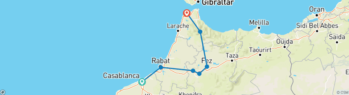 Image of a map showing the route of the tour