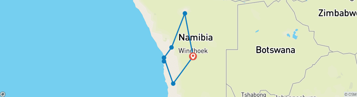 Image of a map showing the route of the tour