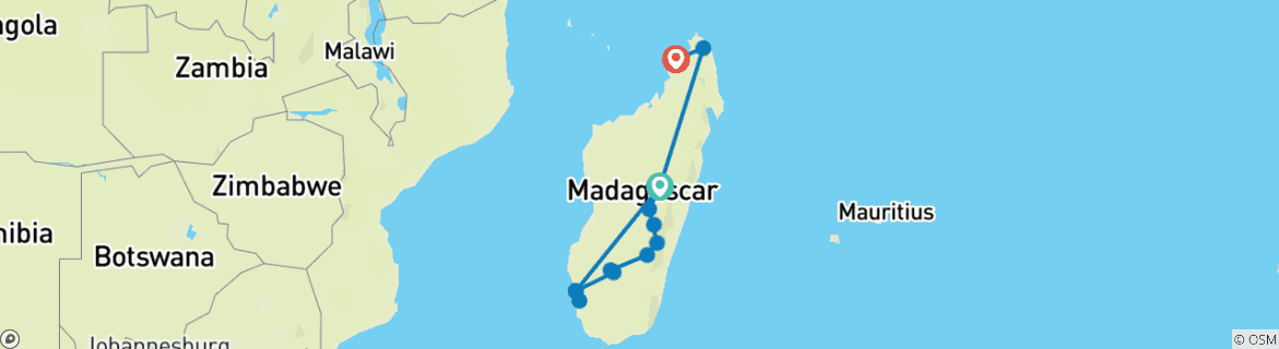 Kaart van Reis door het zuidwesten, oosten en noorden van Madagaskar (21 dagen)
